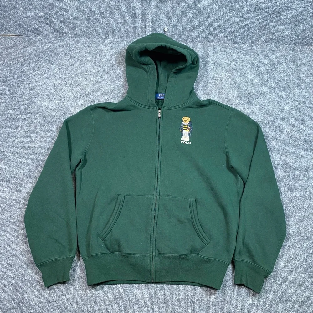 Polo Ralph Lauren Mens Green Polo Bear Football Full Zip Hoodie Medium M